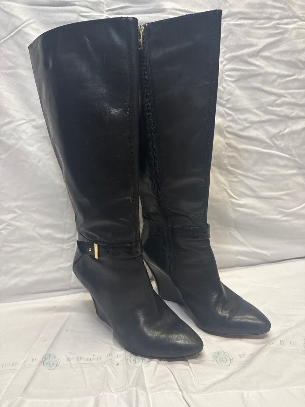 Ann Taylor Black Knee High Wedge Boots Women Sz 8 M